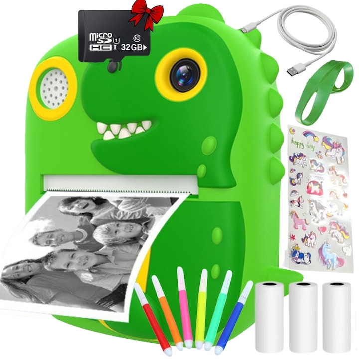 Aparat foto pentru copii SMARTIC®, rezolutie Full HD 1080p, baterie 800mAh, ecran 2.4 inch, card memorie 32 GB, functie de printare instant, un joc integrat, 3 role pentru printare, MP3, mod selfie, 5 carioci, USB type-C, verde
