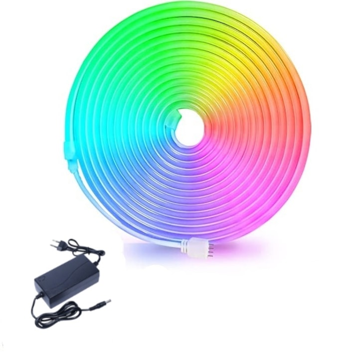 RGB Led неонова лента, закрито/външно, водоустойчивост, включен адаптер, 5M