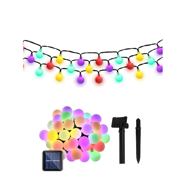 Ghirlanda solara de gradina EBA, Lungime 7M, 50 de lumini LED multicolor 2,2 cm, 8 moduri de iluminare, IP44 rezistent la apa, utilizare in exterior, economisire energie