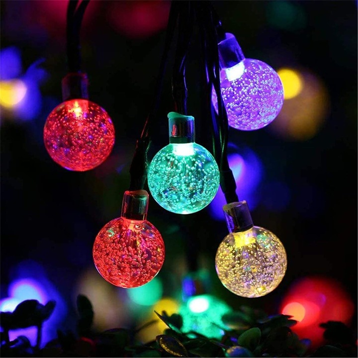 Ghirlanda solara de gradina EBA, 6 M, 10 Globuri de Cristal lumini LED 7 cm, multicolor, 7 moduri de iluminare, 2V -IP44 rezistenta la apa, utilizare in exterior, economisire energie