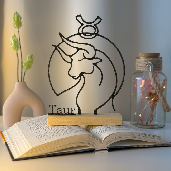 Decoratiune Casa, zodia TAUR – DECORADI®, Eco-friendly, Baza din Lemn Natural, Design Abstract, Negru 19.5 cm – Cadou sau Decoratiune de interior cu design modern, Printat 3D din PLA Eco (plastic biodegradabil)
