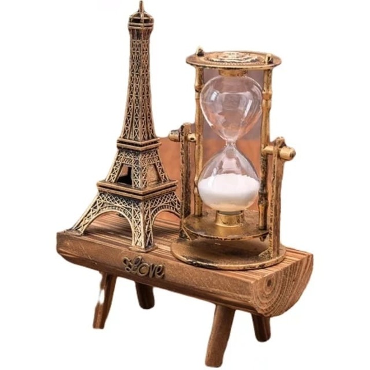 Ornament de Design: Miniatura Turnului Eiffel si Clepsidra de Nisip pe Baza din Lemn