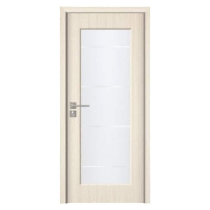 Usa interior din MDF Novo Doors ND110-1, Cadru din lemn masiv, Geam Sablat, Kit complet, Toc reglabil INCLUS, Manere si balamale incluse, 80x200 cm, Crem