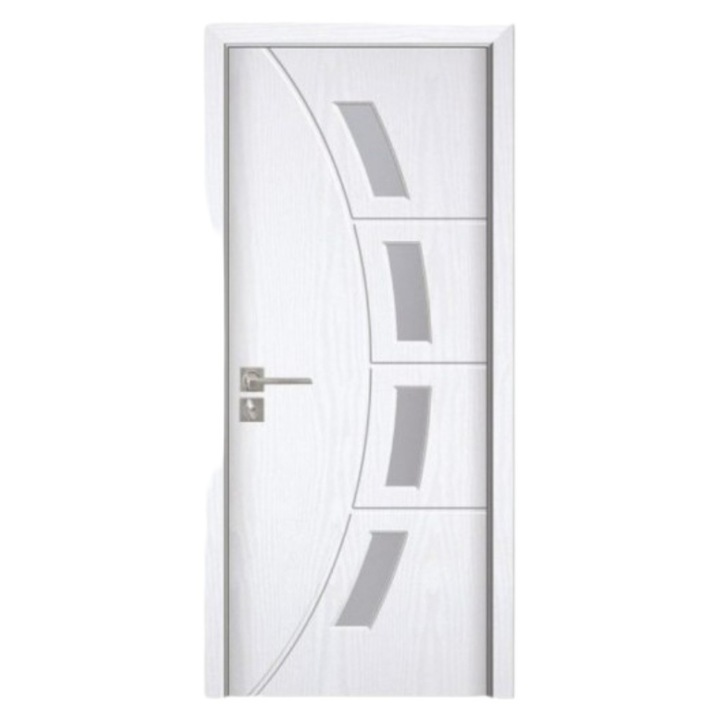 Интериорна MDF врата Novo Doors ND508, Рамка от масивно дърво, Пясъкоструено стъкло, Пълен комплект, Включена фиксирана каса 10 см, Включени дръжки и панти, 60x200 см, Бял