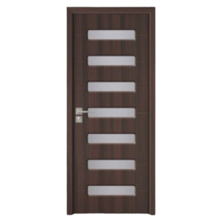 Usa interior din MDF Novo Doors ND318, Cadru din lemn masiv, Geam Sablat, Kit complet, Toc fix 10 cm inclus, Manere si balamale incluse, 80x200 cm, Wenge