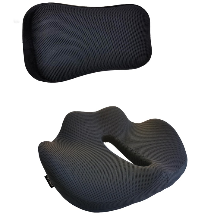 Set Perna ortopedica lombara si perna ortopedica sezut, spuma cu memorie, husa lavabila, respirabila, Arka Chairs, protectie zona Lombara, Sciatica, Dureri de sold, Hemoroizi, Negru denim