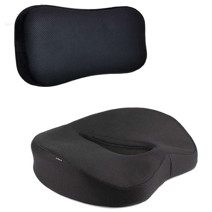 Set Perna ortopedica lombara si perna ortopedica sezut, spuma cu memorie, husa lavabila, respirabila, Arka Chairs, protectie zona Lombara, Sciatica, Dureri de sold, Hemoroizi, Negru glossy