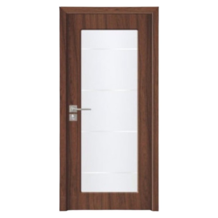 Usa interior din MDF Novo Doors ND110-1, Cadru din lemn masiv, Geam Sablat, Kit complet, Toc fix 10 cm inclus, Manere si balamale incluse, 70x200 cm, Maro inchis