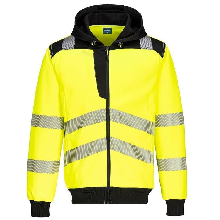 Hanorac Hi Vis cu gluga si fermoar, tesatura durabila moale la atingere - Portwest PW327 - galben/negru, 5XL