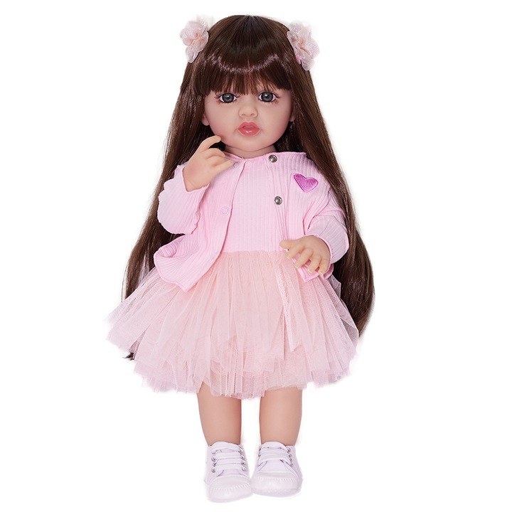 Papusa Copii, IBEBE, 50cm, Par Lung Negru, Rochie Printesa, Roz