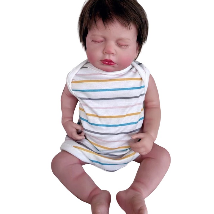 Játékbaba, IBEBE, 45 cm, Kézzel átültetett haj, Csukott szem, Csíkos ruhák