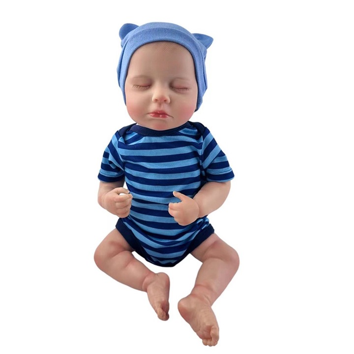 Játékbaba, IBEBE, szövettest, 45 cm, kék csíkok