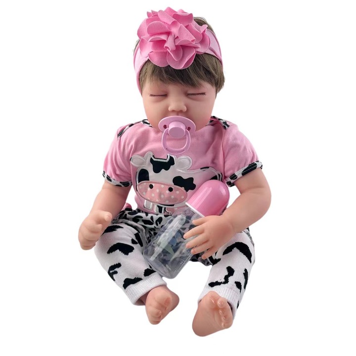 Baba, IBEBE, szövettest, paróka, rózsaszín, 50 cm, tehénmintás ruhák