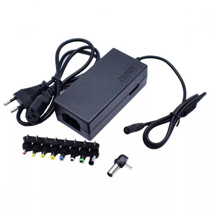 Incarcator universal pentru laptop, Zola, 8 mufe intreschimbabile, LED, tensiune de intrare 100 pana la 240 V, 96 W, alimentare la priza, negru