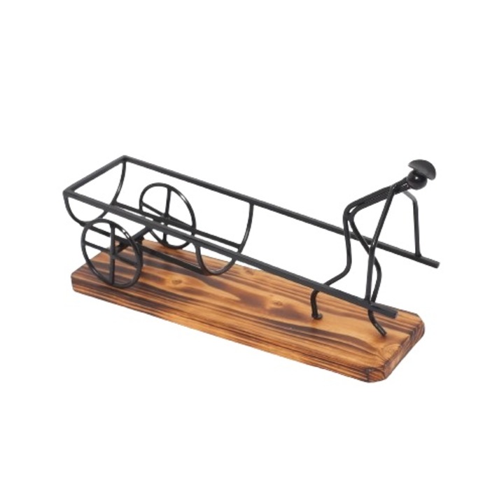 Hordozható italos palacktartó, kezelt fenyőfából és vas elemekből, fekete, 40x12x25 cm