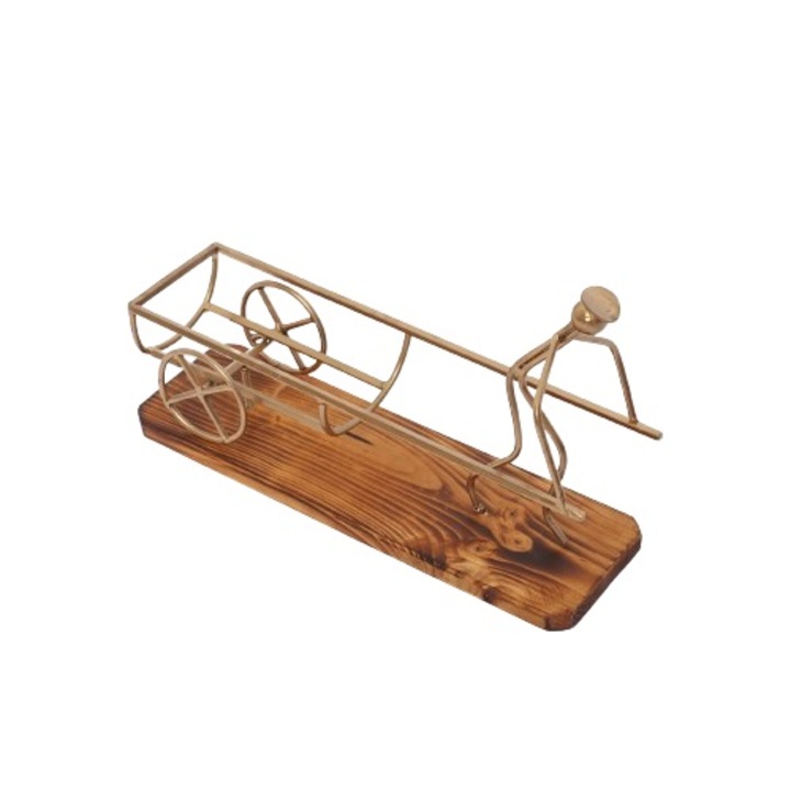 Hordozható borosüvegtartó, kezelt fenyőfából és vas elemekből, arany, 40x12x25 cm