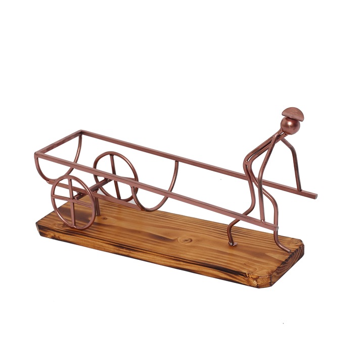 Suport sticla, Carry-on, din lemn de brad tratat si elemente de fier, aramiu, 40x12x25 cm