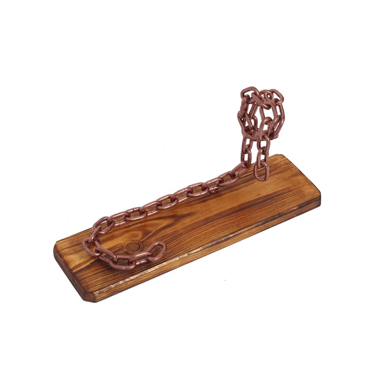 Suport sticla, Chained up, din lemn de brad tratat si lant cu zale, aramiu, 33x10x16 cm