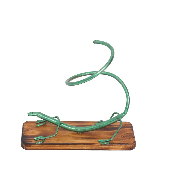 Suport sticla de bautura, Lizard, din lemn de brad tratat si fier, 25x10x23 cm