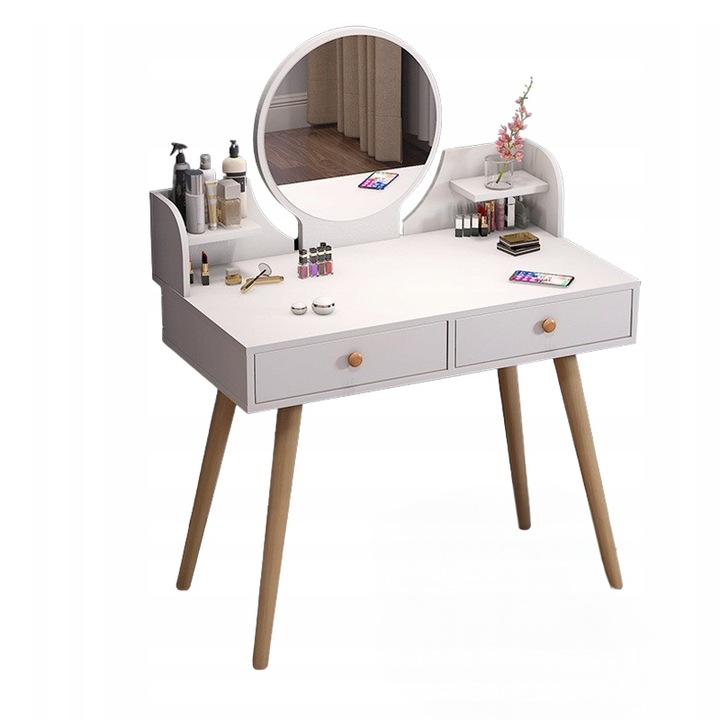 Masa de toaleta pentru machiaj, BADU, cu sertar si rafturi, alba, cu oglinda, 80x73x40 cm