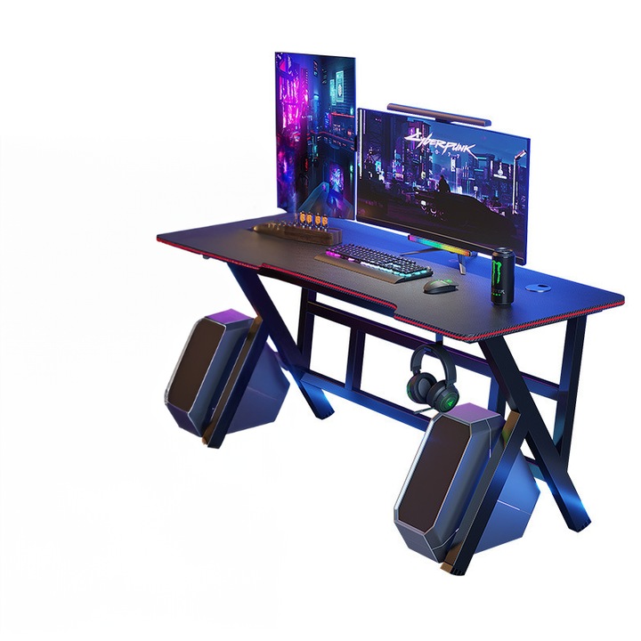 BADU Birou Gaming,120 x 60 x 74 cm, Cadru Otel, Blat Fibra de Carbon, sistem gestionare cabluri, Negru