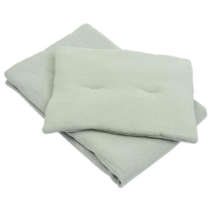 Lenjerie patut cosleeper din muselina dubla 90x50 cm Kidizi® mint, include cearceaf, perna si pilota