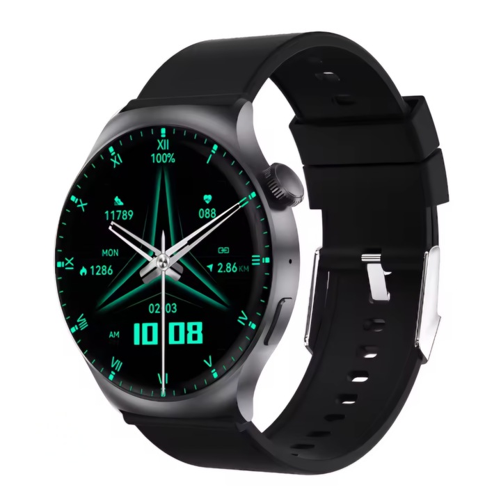 Часовник Smartwatch, OEM DT4 Mate, меню на румънски език, смарт, фитнес, спорт, водоустойчив, брой стъпки, известия, 1,5" екран, безжично магнитно зареждане, Bluetooth разговори, HD микрофон, наблюдение на съня, ЕКГ, NFC, компас, черен