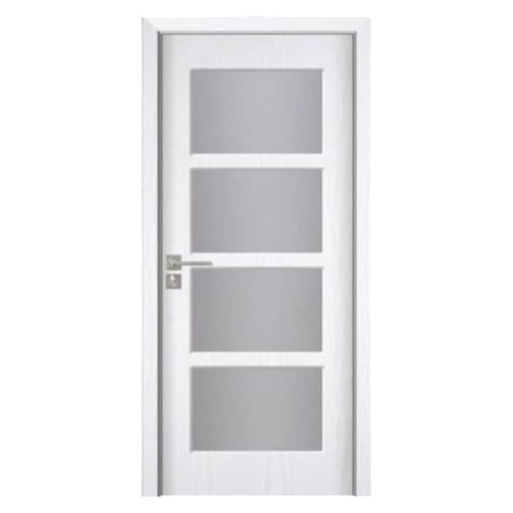 Usa interior din MDF Novo Doors ND317, Cadru din lemn masiv, Geam Sablat, Kit complet, Toc fix 10 cm inclus, Manere si balamale incluse, 60x200 cm, Alb