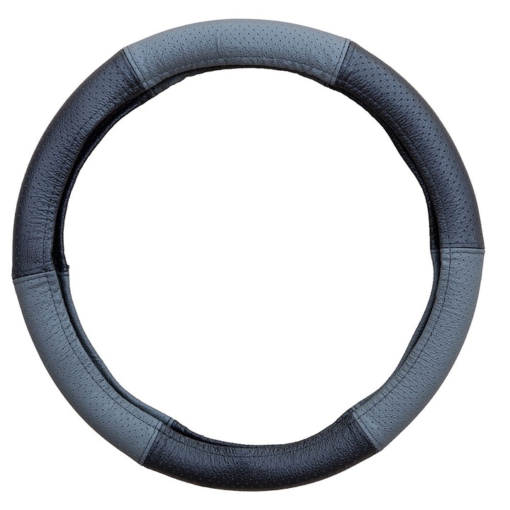 Husa pentru volan din piele naturala perforata UMBRELLA, gri/negru, diametru compatibil 37-39 cm, universala