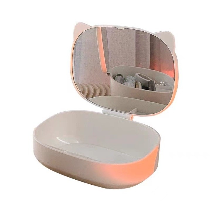 Cutie cu oglindă pisică, 4 compartimente, alb, 17x13x6 cm