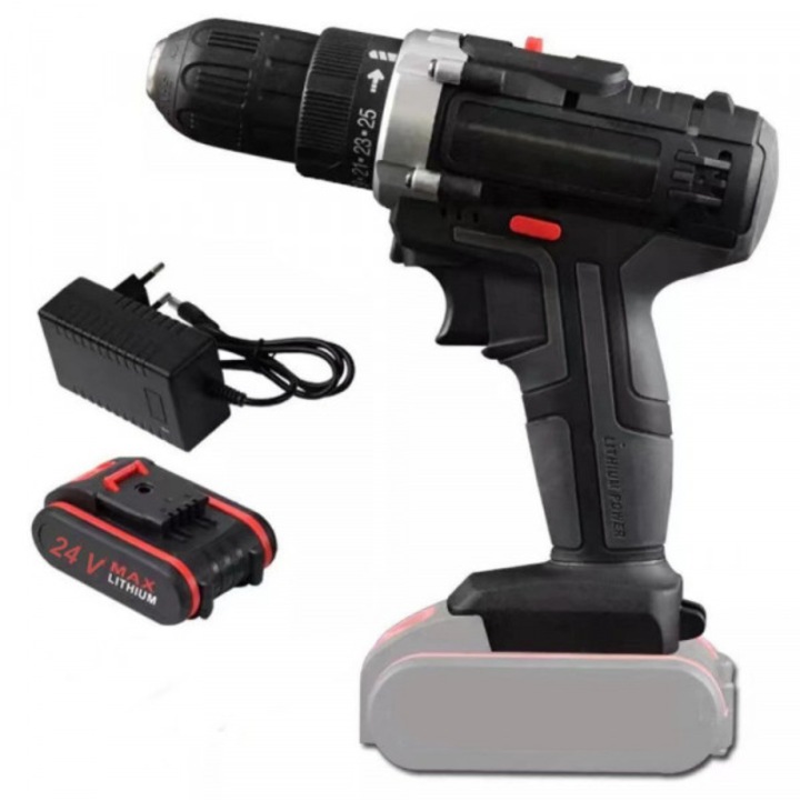 Masina de gaurit si insurubat, eSimplu®, 0-1200 RPM, 24 V, Negru, Acumulator Inclus