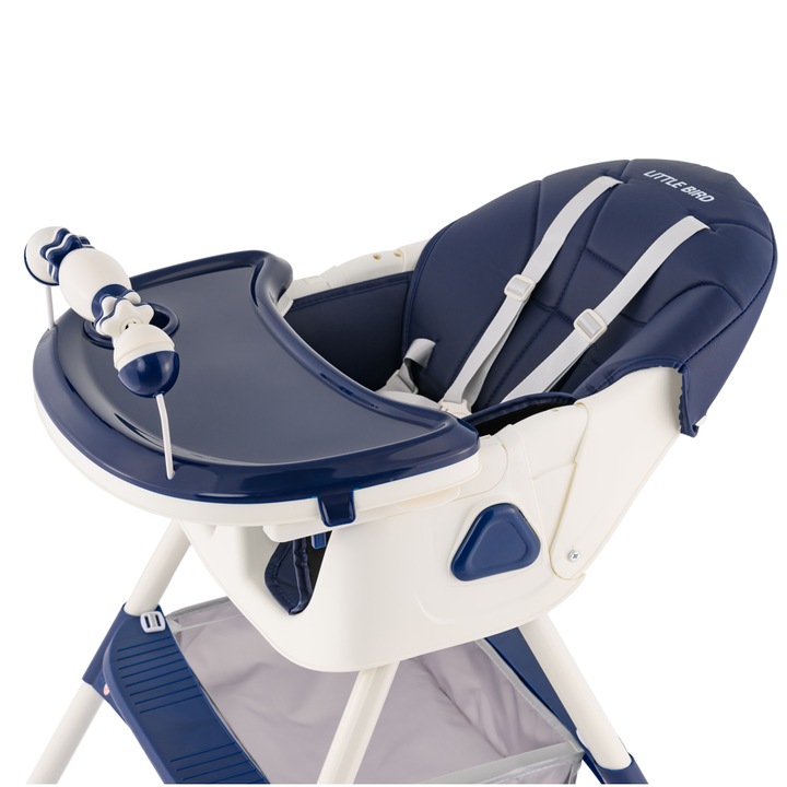 Scaun masa bebe Little Bird albastru - detaliu tavă și roți