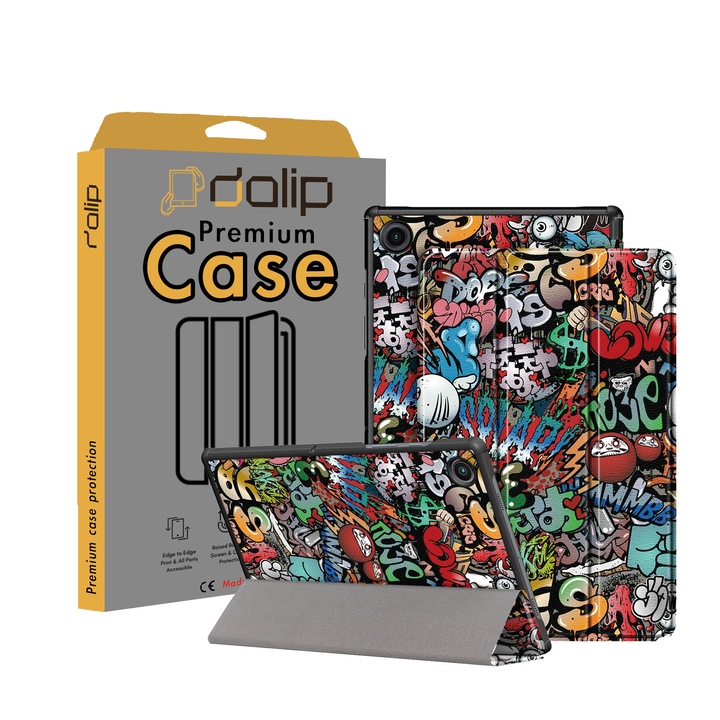 Lenovo Tab M9 borító, Dalip Flip Protect 360°-os tájkép, ökológiai bőr, graffiti, többszínű