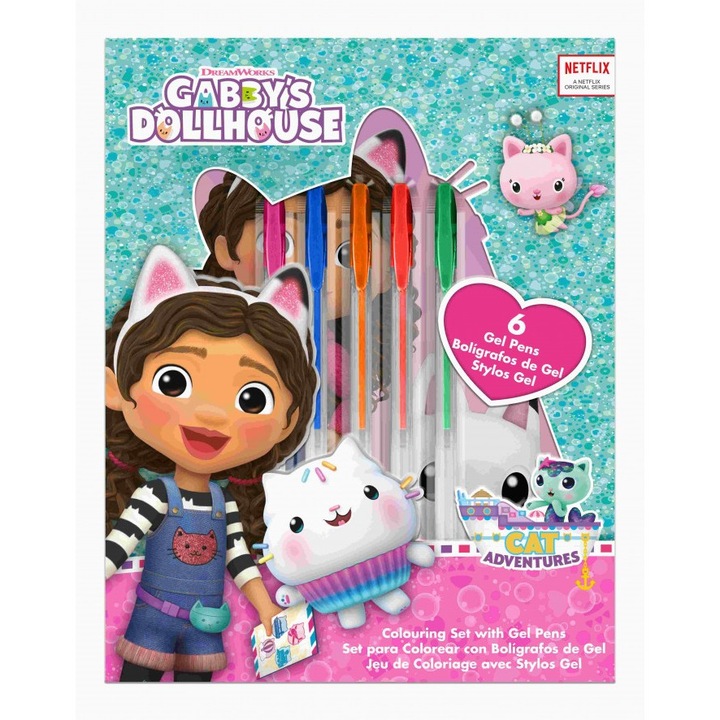 Комплект бележник и 6 химикалки Gabby's Dollhouse, Kids Euroswan, 23.5x18.5x2.8cm