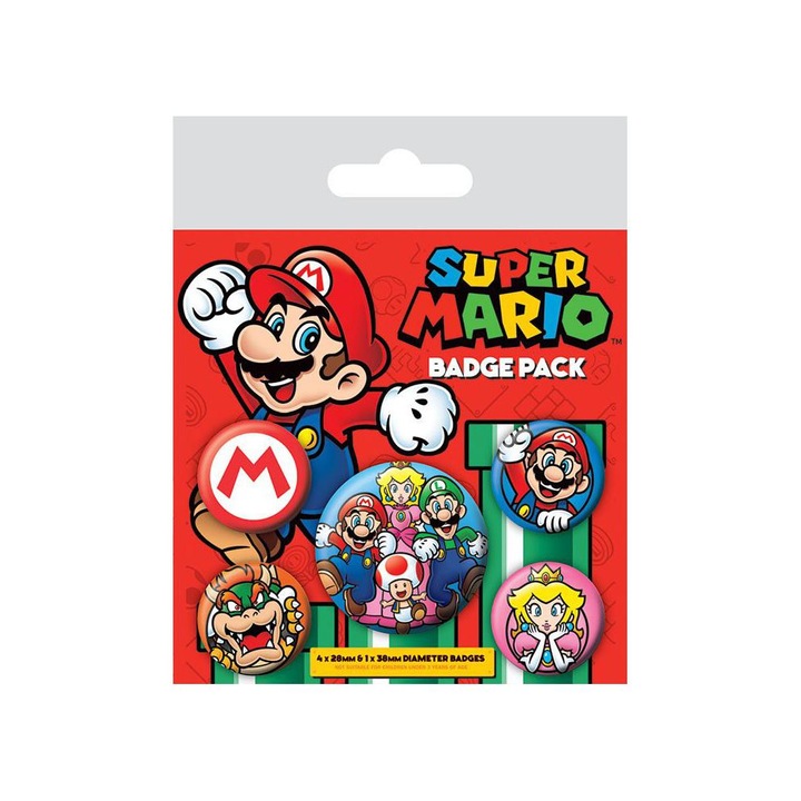 5 db Super Mario kitűző készlet, Pyramid International, 2,5 cm és 3,8 cm