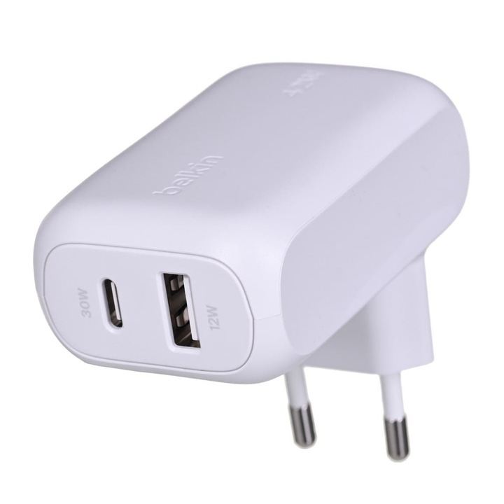 Belkin kettős hálózati töltő, USB-C/USB-A, 42W, Fehér