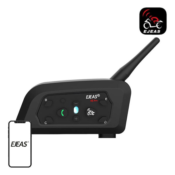 Sistem de comunicare moto EJEAS V6 Pro Plus, Casti USB Type-c, Aplicatie, Autonomie de pana la 18 ore, Negru