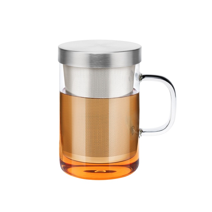 Cana pentru ceai QttvbTna, sticla borosilicata, inox, 450ml, rezistenta termica, 11.5x8cm