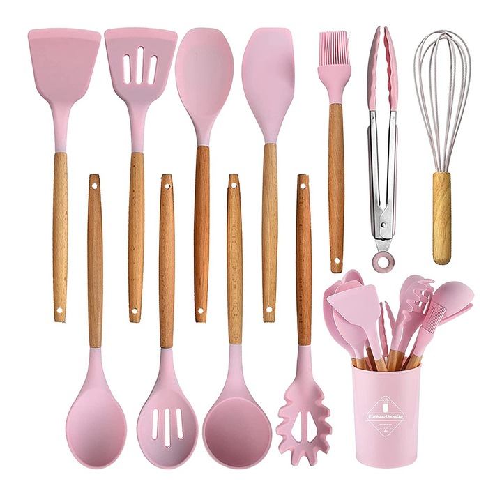 QttvbTna кухненски комплект прибори, 12 части, силиконова и дървена дръжка, термоустойчив
