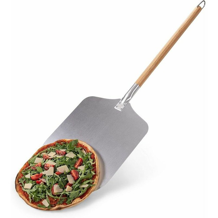 Lopata de pizza, QttvbTna, Aluminiu / Lemn, Maner detasabil, 30.5 x 30.5 x 85 cm, Argintiu
