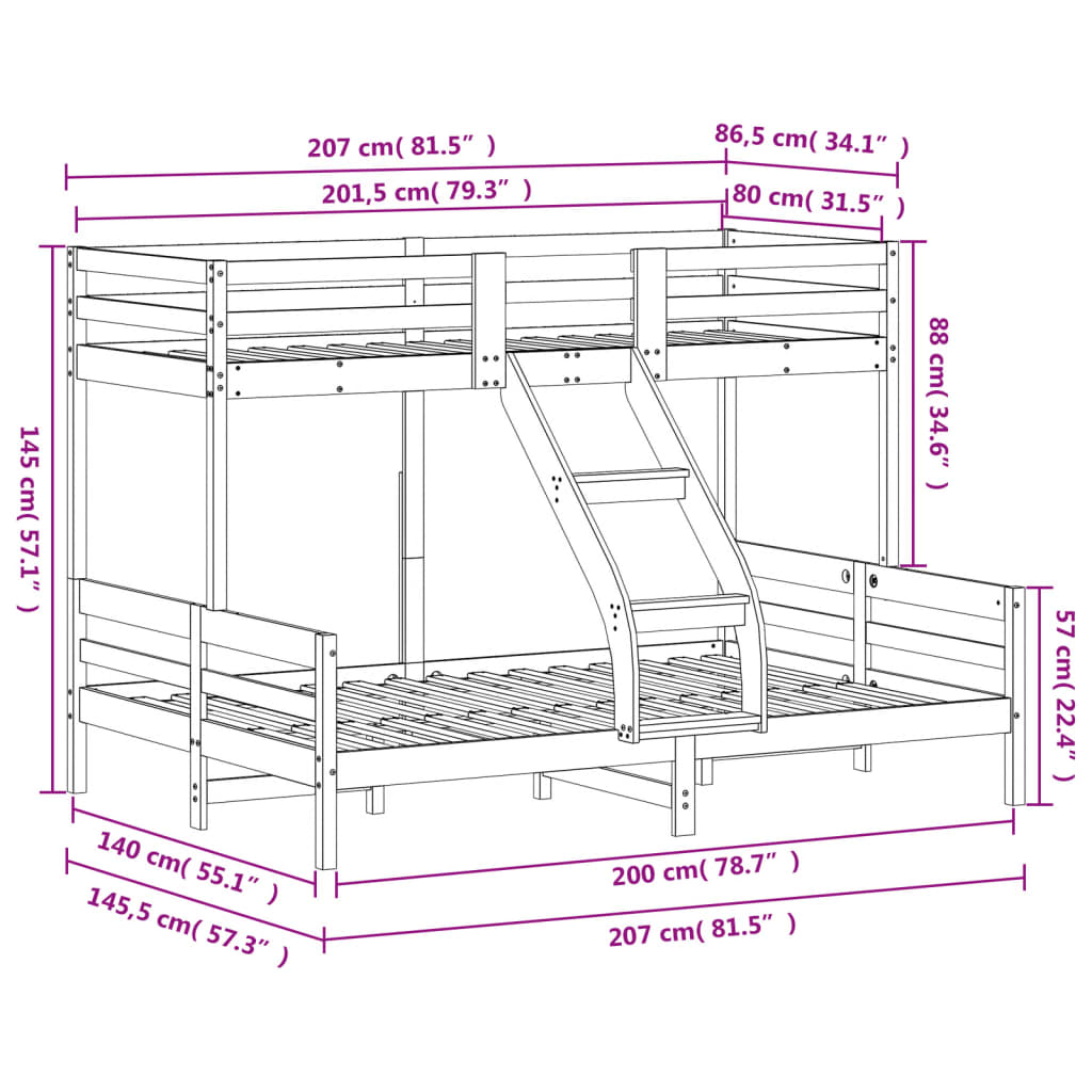 Pat supraetajat vidaXL, 80x200/140x200 cm, alb, lemn masiv de pin
