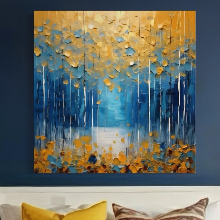 Премиум Канава Картина, LuxCanva® C1234, Абстрактни Есенни Листа, 75 X 75 СМ, 100% Памучно Платно 400гр/м2, Дървена Рамка, Релакс, Дневна Стая, Ярки Цветове