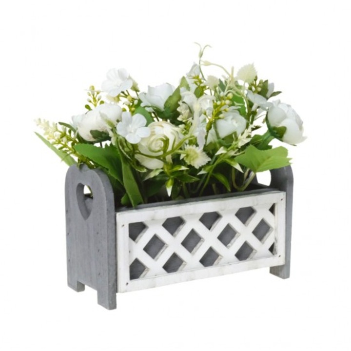 Декорация изкуствен божур в саксия, дърво/pvc/текстил 17x7x9 см бял