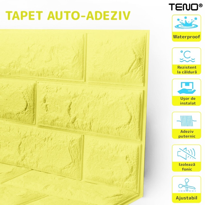 Set 60x Tapet Caramida 3D Teno®, suprafata acoperire 31.8 mp, autoadeziv, waterproof, usor de montat, design modern, 70x77 cm, galben