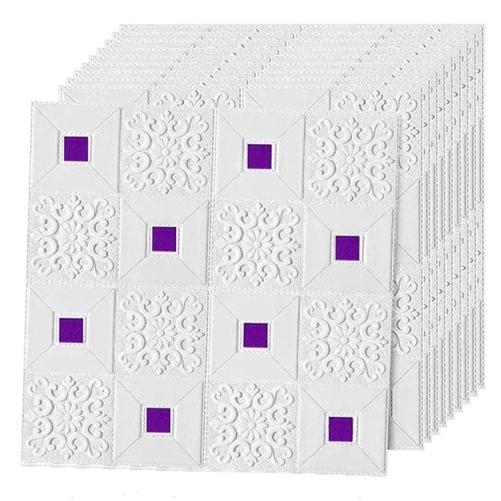 Set 90x Tapet 3D Teno®, suprafata acoperire 44.1 mp, autoadeziv, perete/tavan, waterproof, usor de montat, design modern, 70x70 cm, mov