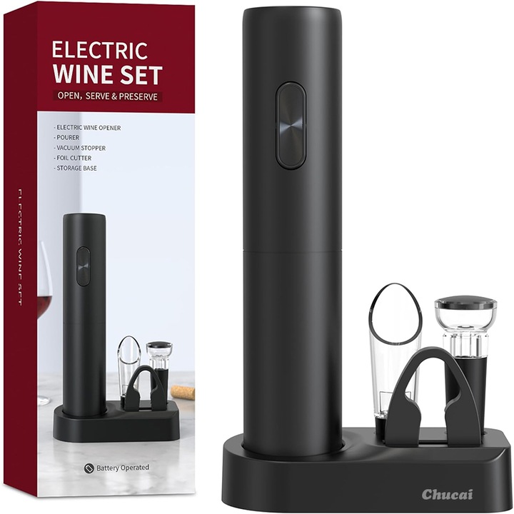 Set Tirbuson Electric, Chucai, cu Taietor de Folie, Dop de Vin, Aerator de Vin, Suport, Sctionat de Baterie, pentru Bucatarie, Nunta, Cadou pentru Vinuri, Negru