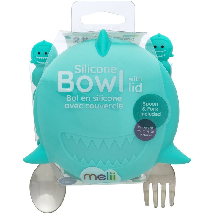 Силиконова купа с капак и прибори за бебета Melii, Модел акула