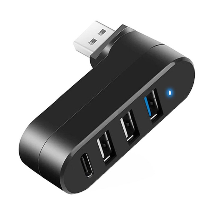 Външен USB хъб 3 в 1, Rqiurpn, 3 USB порта и 1 USB C порт, въртящ се на 180 градуса, съвместим лаптоп, MacBook, компютър, черен