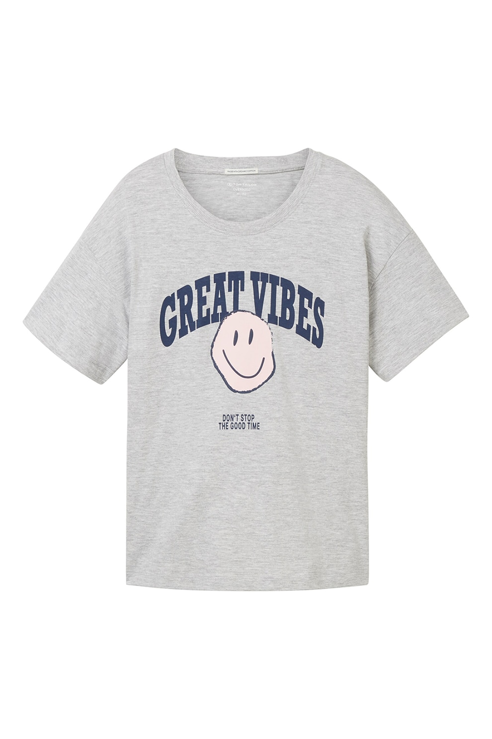 Tom Tailor, Tricou cu decolteu la baza gatului si imprimeu, Gri melange, Bleumarin, 152 CM