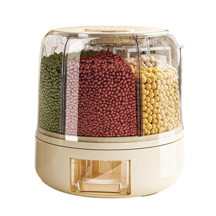 Cutie alimentara rotativa pentru depozitare cereale, transparenta, capacitate mare, crem, 27cm